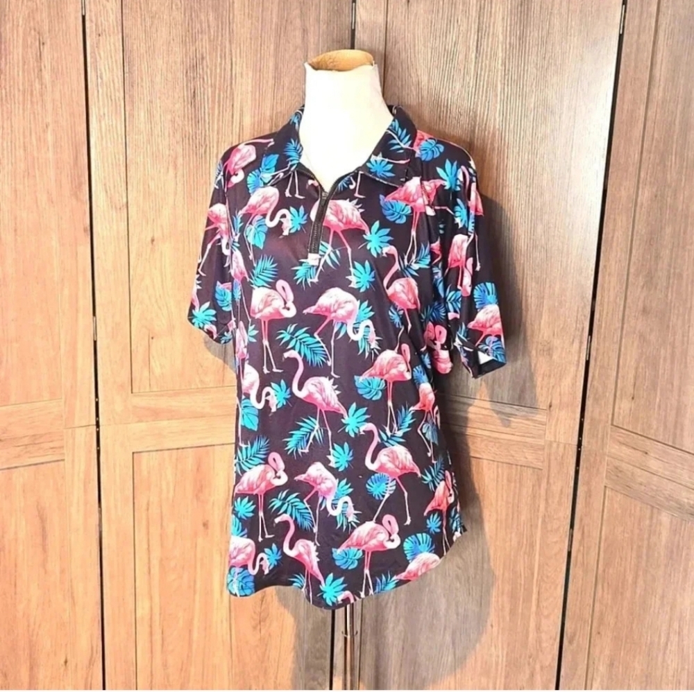 Flamingo Print Polo Shirt - Black and Pink